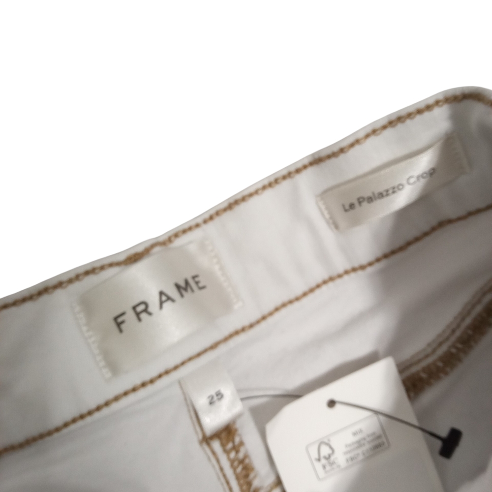 FRAME Le Palazzo Crop Wide Leg Jean White Tan Trim Raw Hem High Rise Sz 25 - Picture 3 of 8